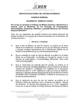 Proyecto De Acuerdo Presentado Por El Secretario Del Consejo General, Y