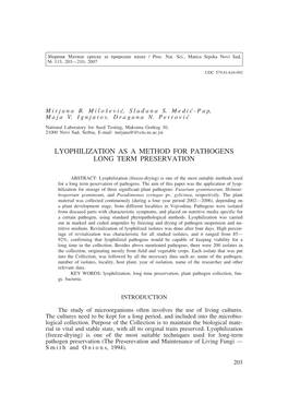 Lyophilization As a Method for Pathogens Long Term Preservation