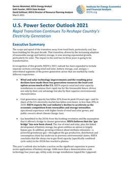 U.S. Power Sector Outlook 2021 Rapid Transition Continues to Reshape Country’S Electricity Generation