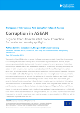 Corruption in ASEAN Regional Trends from the 2020 Global Corruption Barometer and Country Spotlights