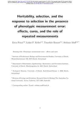 Heritability, Selection, and the Response to Selection in the Presence of Phenotypic Measurement Error: Eﬀects, Cures, and the Role of Repeated Measurements