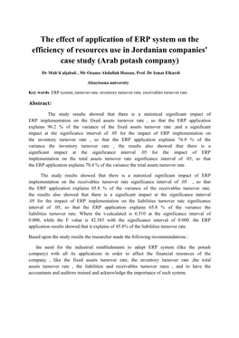 The Effect of Application of ERP System on the Efficiency of Resources Use in Jordanian Companies' Case Study (Arab Potash Company)