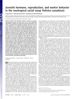 Juvenile Hormone, Reproduction, and Worker Behavior in the Neotropical Social Wasp Polistes Canadensis