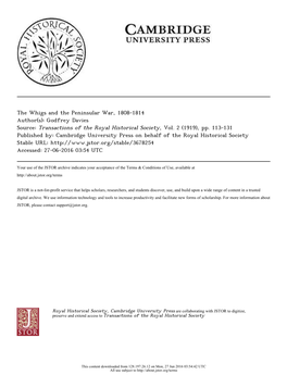 The Whigs and the Peninsular War, 1808-1814 Author(S): Godfrey Davies Source: Transactions of the Royal Historical Society, Vol