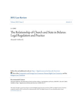 The Relationship of Church and State in Belarus: Legal Regulation and Practice Alexander Vashkevich