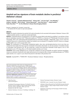 Amyloid and Tau Signatures of Brain Metabolic Decline in Preclinical Alzheimer's Disease