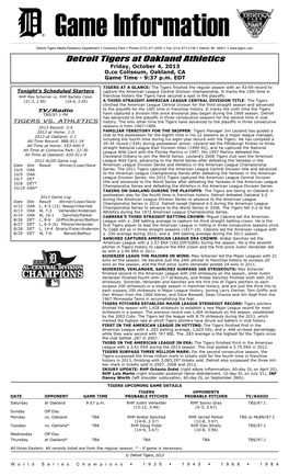 10-04-2013 Tigers Game Notes (ALDS Game 1)