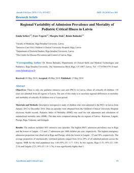 Regional Variability of Admission Prevalence and Mortality of Pediatric Critical Illness in Latvia