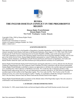 Russia the Ingush-Ossetian Conflict in the Prigorodnyi Region