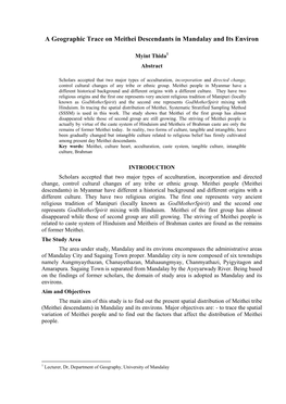 A Geographic Trace on Meithei Descendants in Mandalay and Its Environ