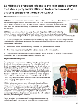 Ed Miliband's Proposed Reforms to the Relationship Between the Labour