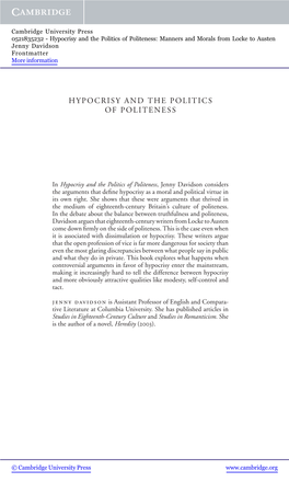 Hypocrisy and the Politics of Politeness: Manners and Morals from Locke to Austen Jenny Davidson Frontmatter More Information