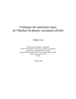 Catalogue Des Spécimens Types De L'herbier De Plantes Vasculaires