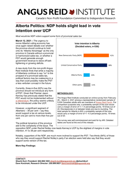 Alberta Politics: NDP Holds Slight Lead in Vote Intention Over UCP