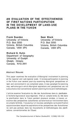 An Evaluation of the Effectiveness of First Nations Participation in the Development of Land-Use Plans in the Yukon