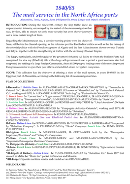 1840/85 the Mail Service in the North Africa Ports Alexandria, Tunis, Algiers, Bone, Philippeville, Oran, Tanger and Tripoli of Barbery