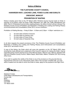 Notice of Making the FLINTSHIRE COUNTY COUNCIL HAWARDEN