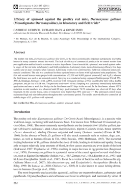 Mesostigmata: Dermanyssidae), in Laboratory and Field Trials*