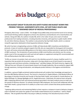 Avis Budget Group to Deliver Avis Safety Pledge And