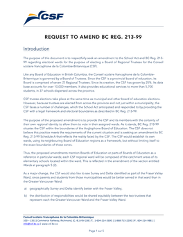 REQUEST to AMEND BC REG. 213-99 Introduction