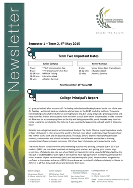 Semester 1 – Term 2, 4Th May 2015 Term Two Important Dates