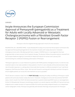 Incyte Announces the European Commission Approval of Pemazyre