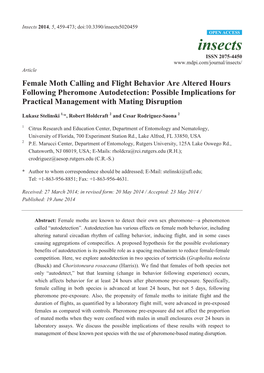 Female Moth Calling and Flight Behavior Are Altered Hours Following Pheromone Autodetection: Possible Implications for Practical Management with Mating Disruption