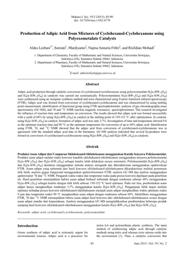 Production of Adipic Acid from Mixtures of Cyclohexanol-Cyclohexanone Using Polyoxometalate Catalysts