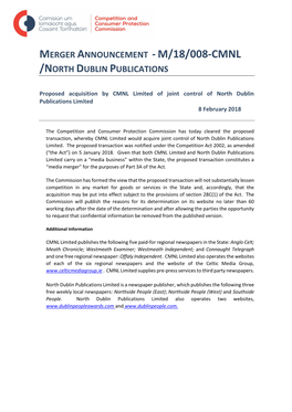 Merger Announcement -M/18/008-Cmnl /North Dublin Publications