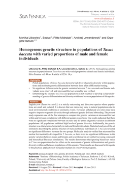 Homogenous Genetic Structure in Populations of Taxus Baccata with Varied Proportions of Male and Female Individuals