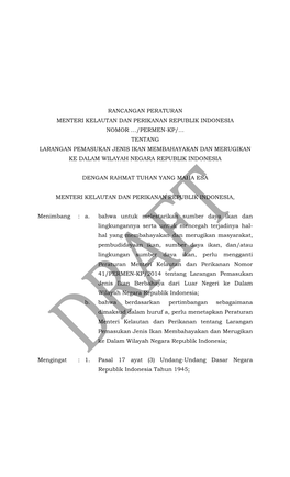 Permen-Kp/… Tentang Larangan Pemasukan Jenis Ikan Membahayakan Dan Merugikan Ke Dalam Wilayah Negara Republik Indonesia