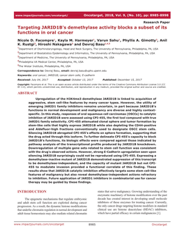 Targeting JARID1B's Demethylase Activity Blocks a Subset of Its Functions in Oral Cancer