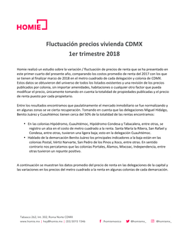 Fluctuación Precios Vivienda CDMX 1Er Trimestre 2018