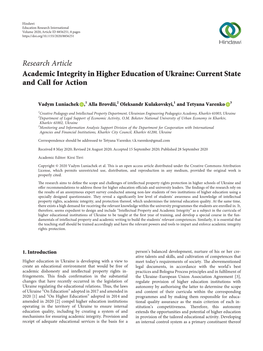 Research Article Academic Integrity in Higher Education of Ukraine: Current State and Call for Action