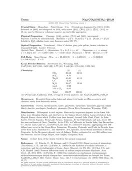 Trona Na3(CO3)(HCO3) • 2H2O C 2001-2005 Mineral Data Publishing, Version 1