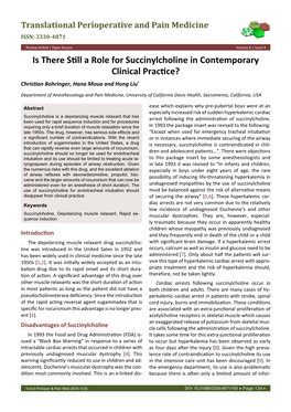 Is There Still a Role for Succinylcholine in Contemporary Clinical Practice? Christian Bohringer, Hana Moua and Hong Liu*