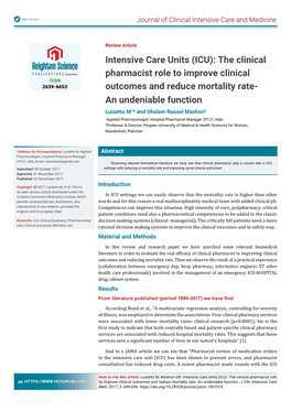 Intensive Care Units (ICU): the Clinical Pharmacist Role to Improve Clinical Outcomes and Reduce Mortality Rate- an Undeniable Function