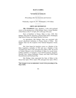 RAJYA SABHA ______∗SYNOPSIS of DEBATE ______(Proceedings Other Than Questions and Answers) ______Wednesday, August 24, 2011/ Bhadrapada 2, 1933 (Saka) ______