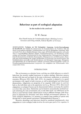 Behaviour As Part of Ecological Adaptation