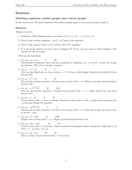 Solutions Matching Equations, Surface Graphs and Contour Graphs in This Section You Will Match Equations with Surface Graphs (Page 2) and Contour Graphs (Page 3)