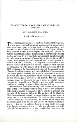 EDUCATION in LANCASHIRE and CHESHIRE, 1640-1660 Read 18