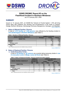 DSWD DROMIC Report #3 on the Flashflood Incident in Northern Mindanao As of 15 January 2021, 6PM