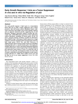 Early Growth Response 1 Acts As a Tumor Suppressor in Vivo and in Vitro Via Regulation of P53