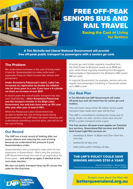 FREE OFF-PEAK SENIORS BUS and RAIL TRAVEL Easing the Cost of Living for Seniors