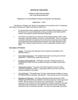 NOTICE of VIOLATION California Safe Drinking Water and Toxic Enforcement Act Bisphenol a in Socks Made Primarily of Polyester Wi