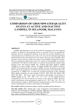 Comparison of Groundwater Quality Status at Active and Inactive Landfill in Selangor, Malaysia