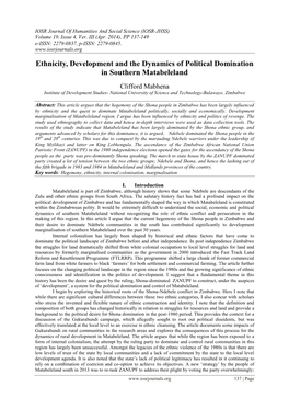 Ethnicity, Development and the Dynamics of Political Domination in Southern Matabeleland