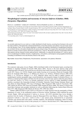 Morphological Variation and Taxonomy of Atractus Latifrons (Günther, 1868) (Serpentes: Dipsadidae)