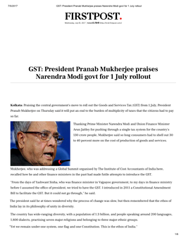 President Pranab Mukherjee Praises Narendra Modi Govt for 1 July Rollout