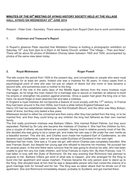 MINUTES of the 69 MEETING of AYNHO HISTORY SOCIETY HELD at the VILLAGE HALL, AYNHO on WEDNESDAY 25 JUNE 2014 Present